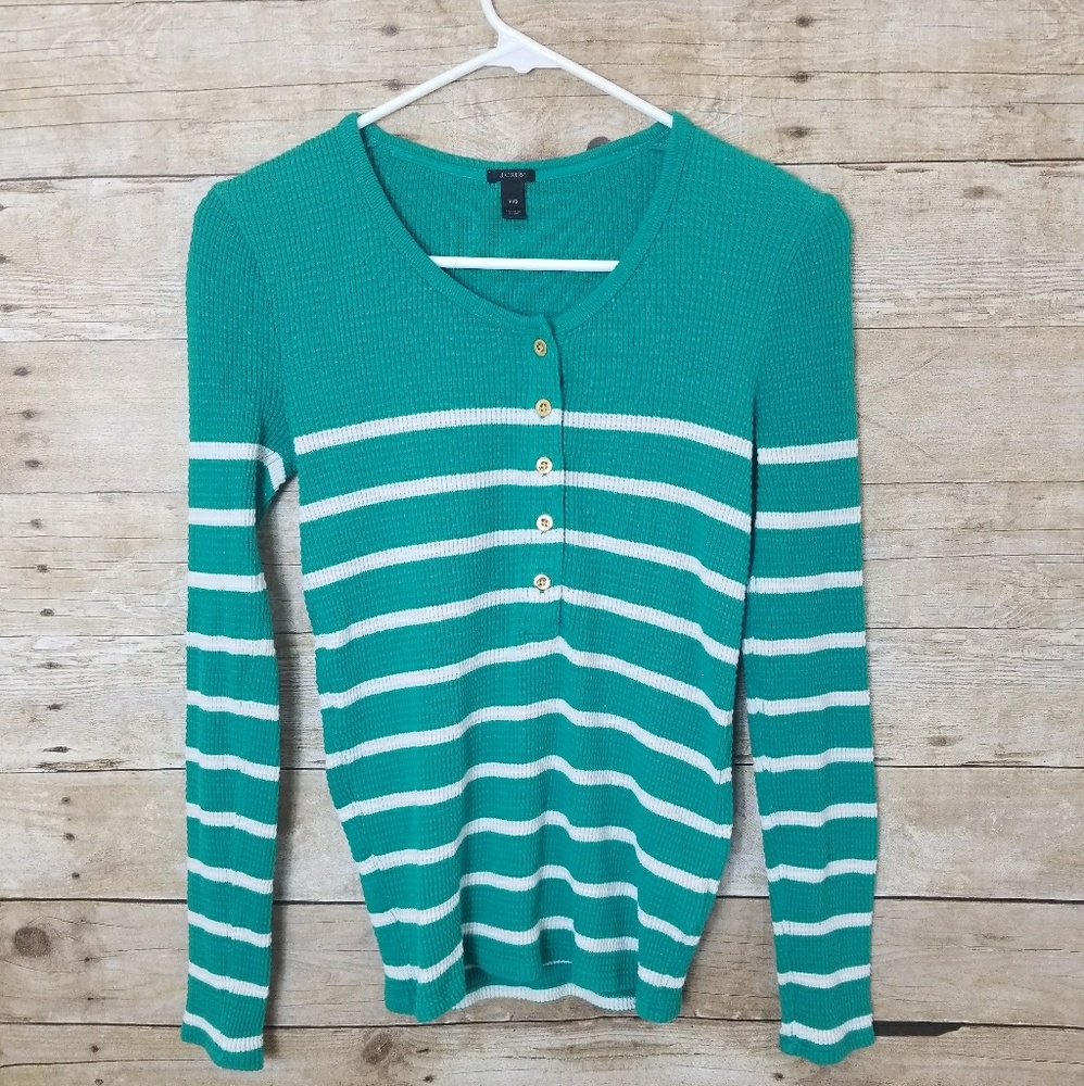J. Crew Waffle Knit Henley XXS Green White
